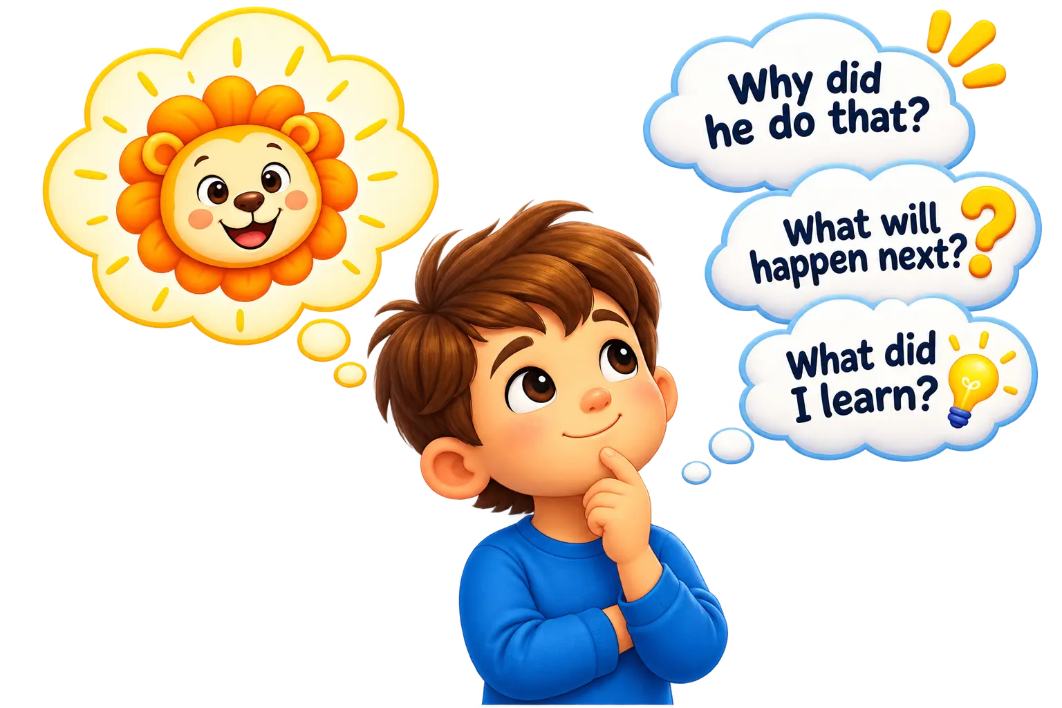Child thinking about reading comprehension questions